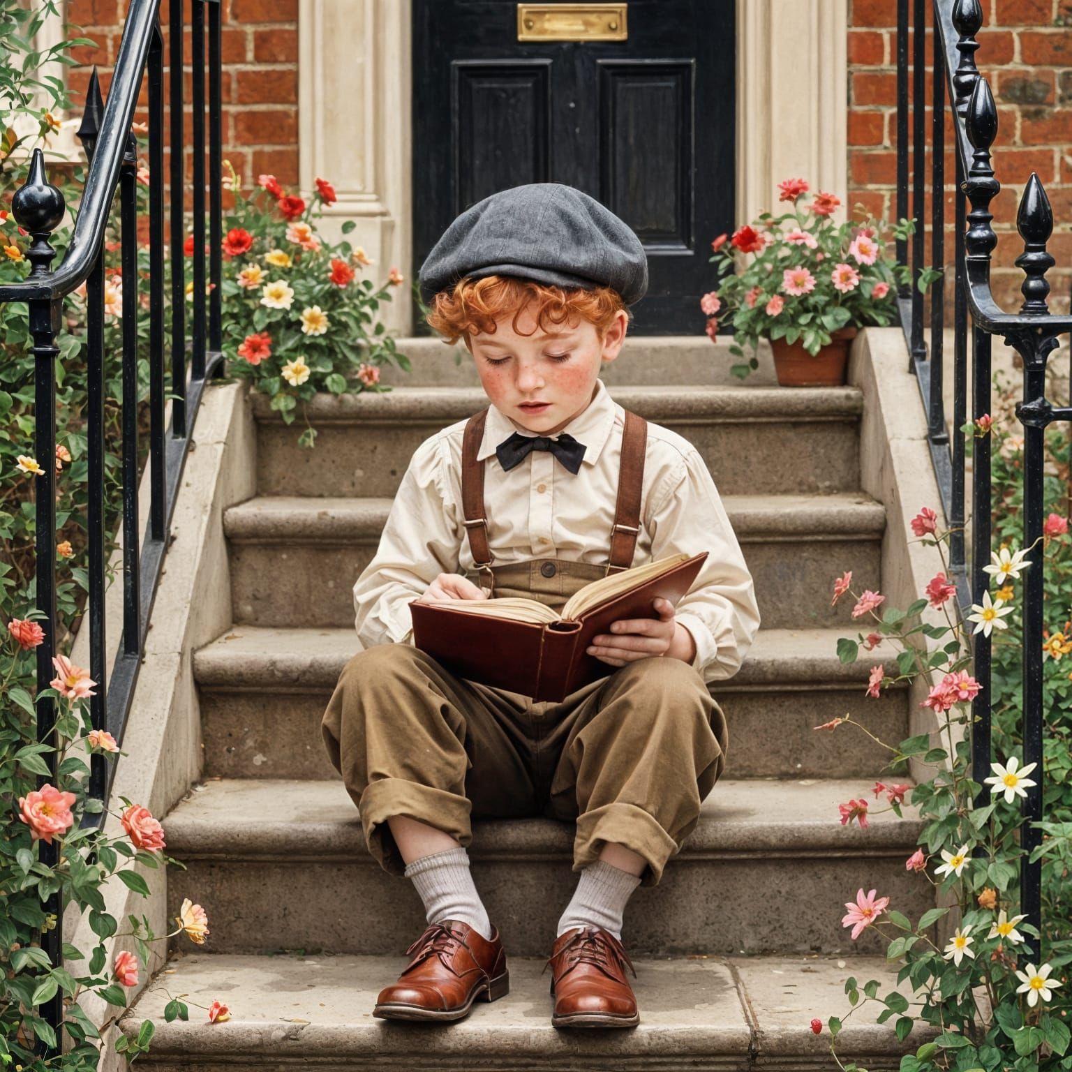 Boy Writes Letter on London Townhouse Steps