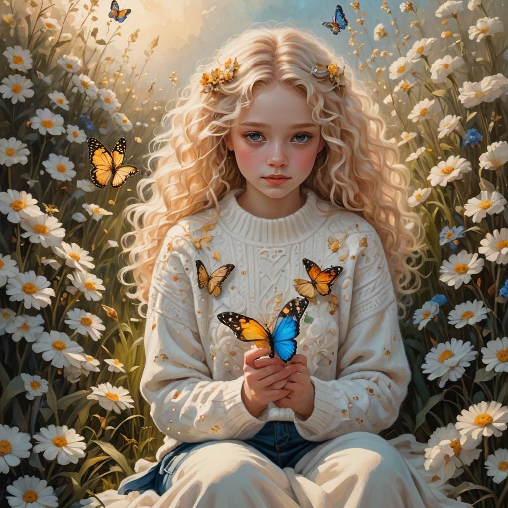 Girl with Butterfly in Flower Field, Dreamy Oil Painting