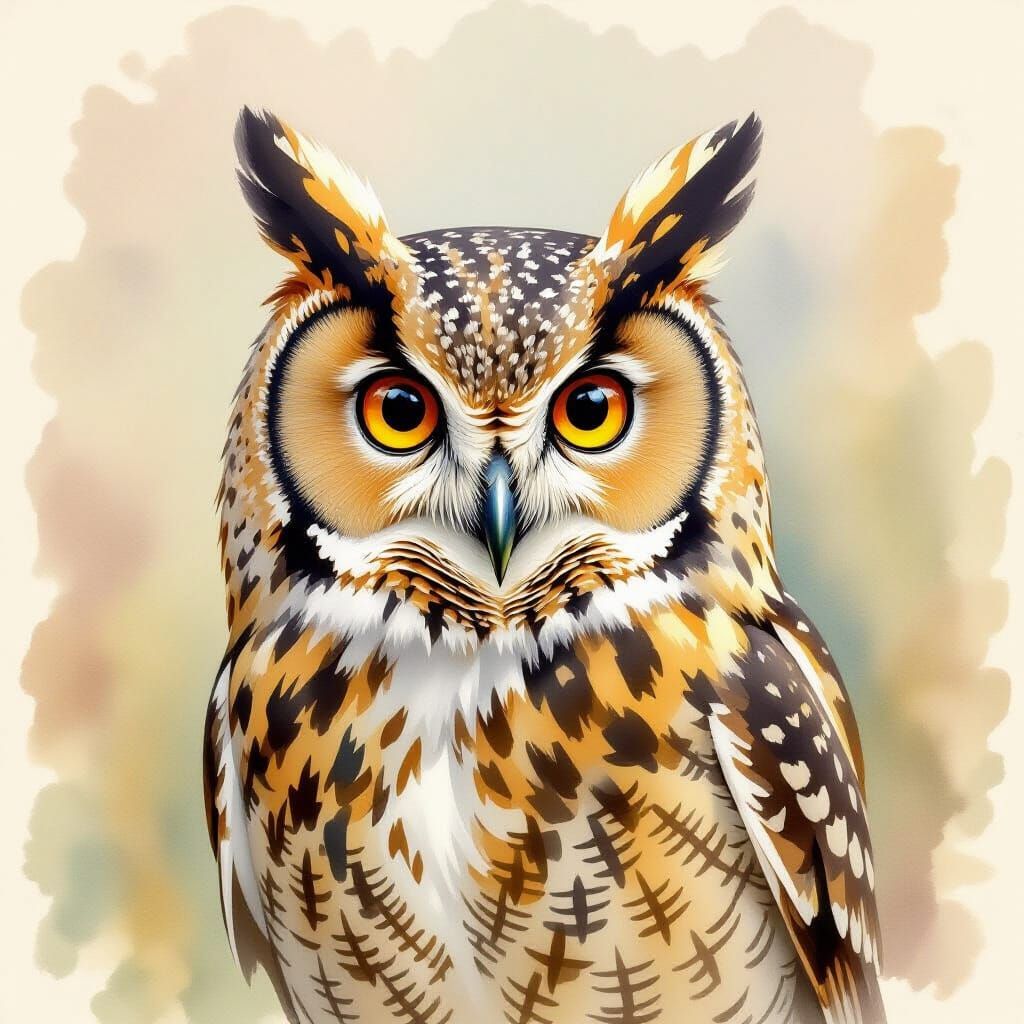 Charming Owl Portrait in Watercolor Style
