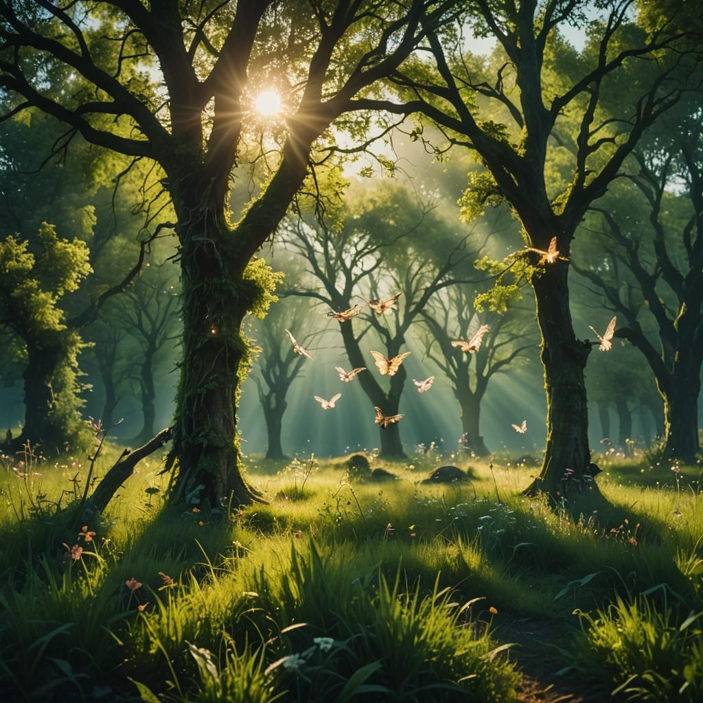 Magical Sunlit Meadow with Fairies: Cinematic Still