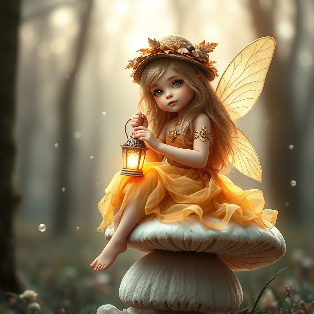 "A captivating fairy-tale scene featuring a whimsical young girl, seemingly a fairy, with long, flowing blonde hair. She...