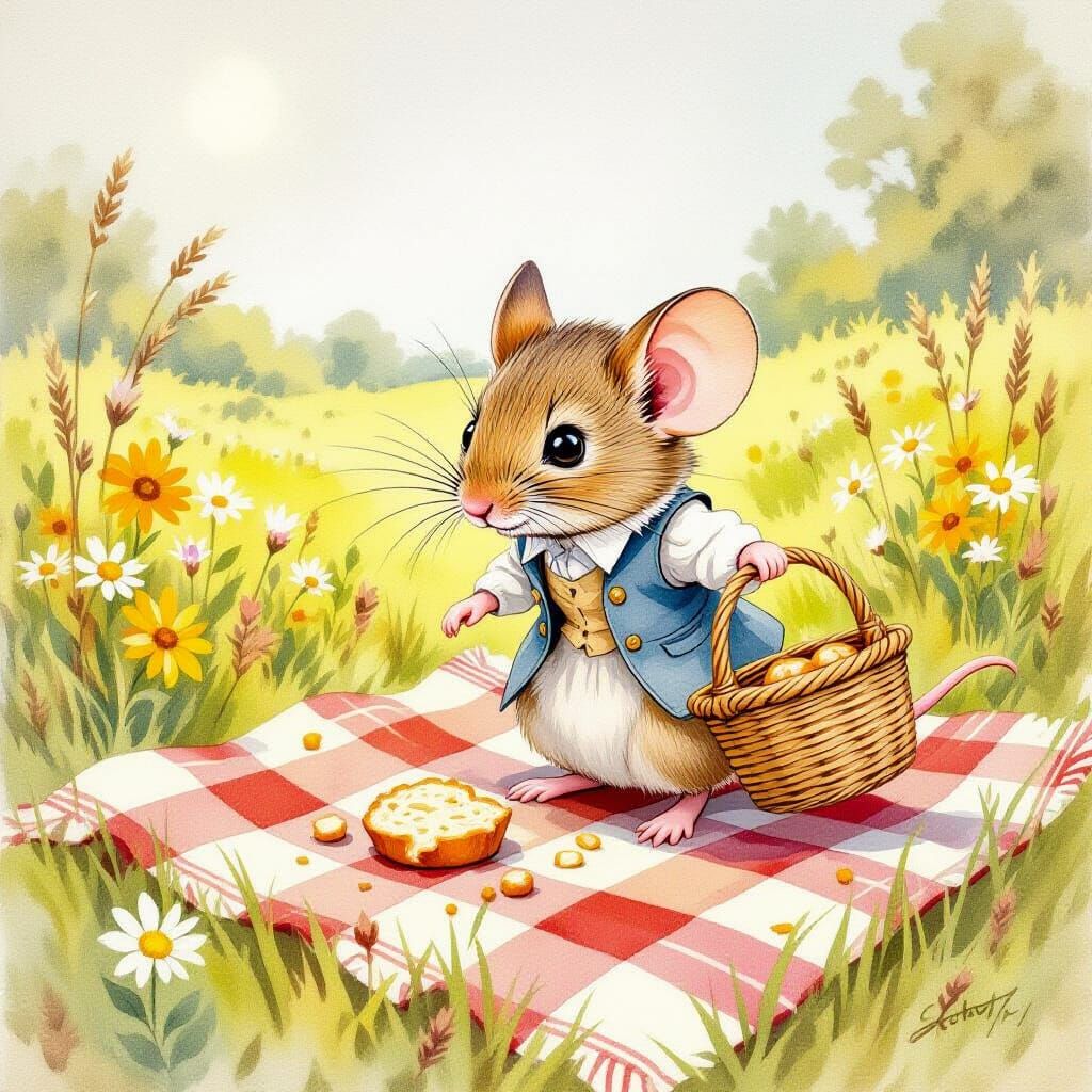 Cautious Mouse Approaches Crumb in Sunny Meadow