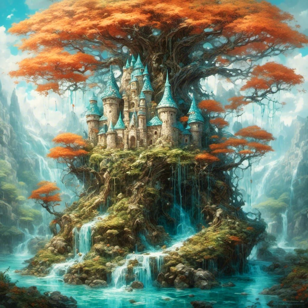 Fairy Tale Castle in Yggdrasil Tree, Oil Painting