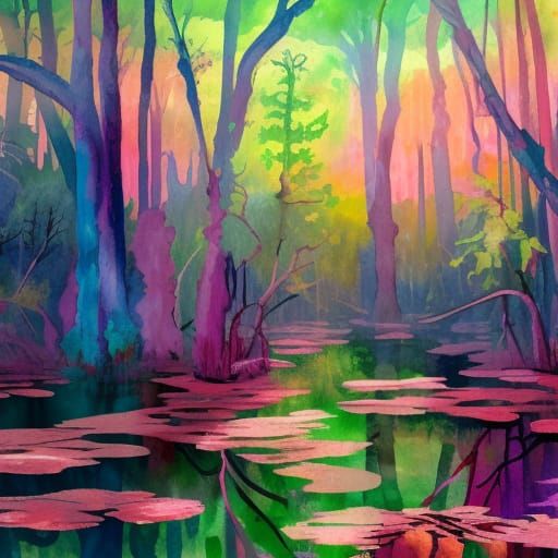 Pink Swamp in Gouache and Watercolor Style