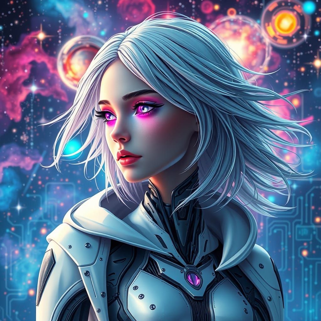 A futuristic female humanoid with glowing purple eyes and fl...