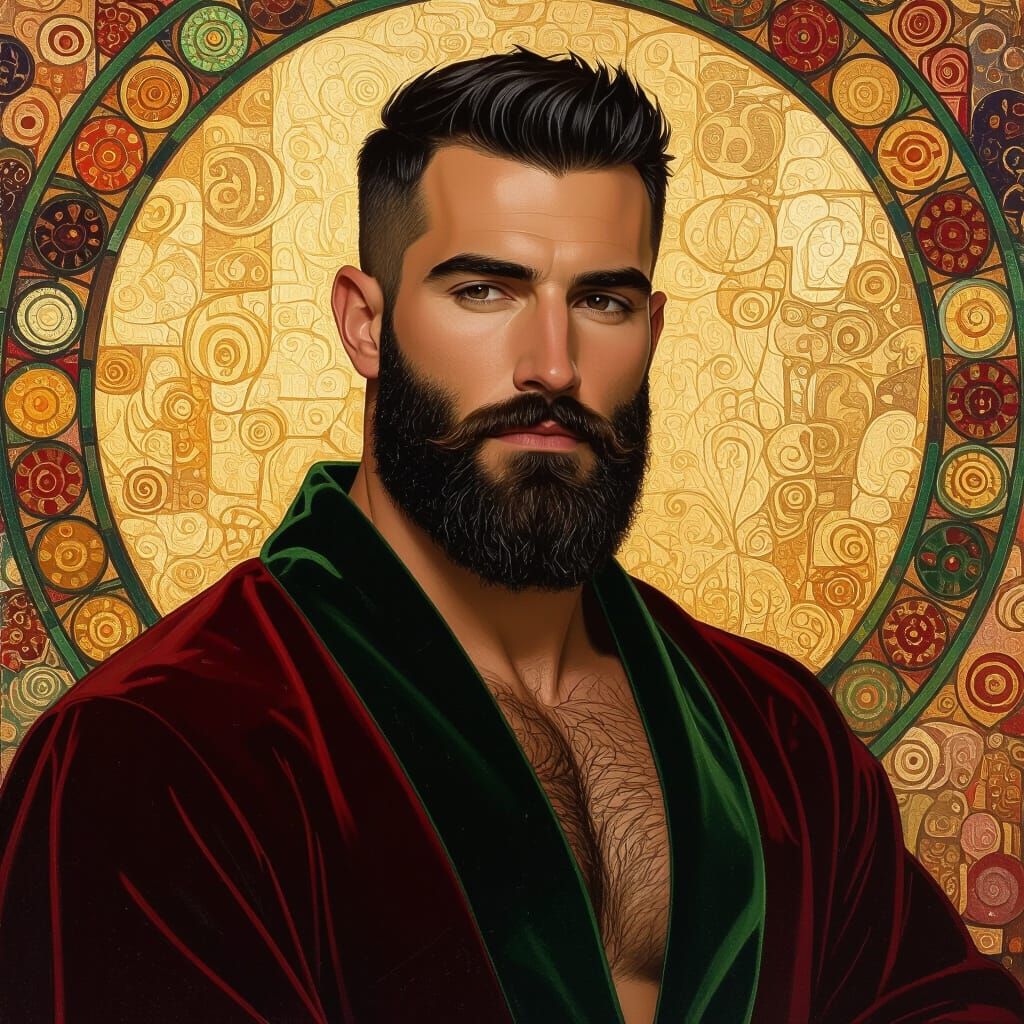 Handsome Man in Velvet Robe, Impasto Oil Painting Style