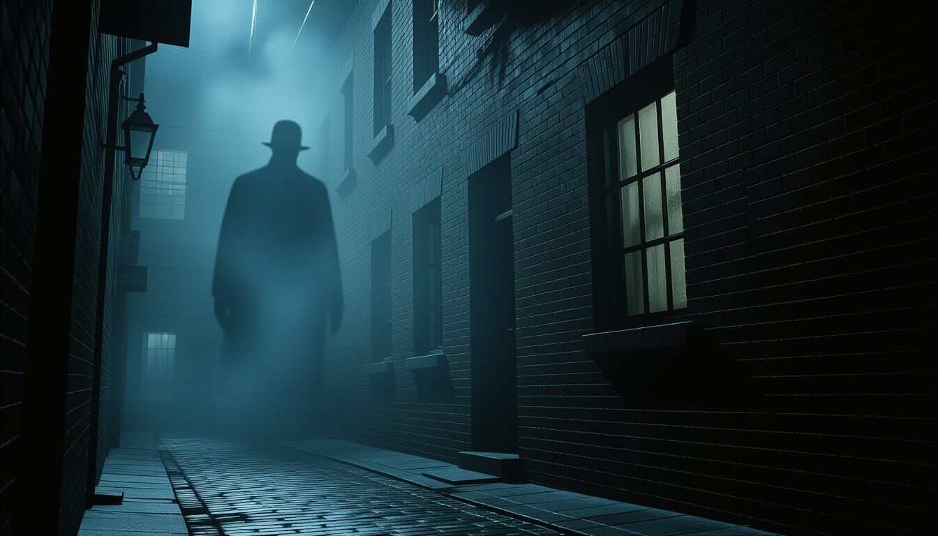 Foreboding Silhouette in Dark Alleyway: Vintage Film Aesthet...