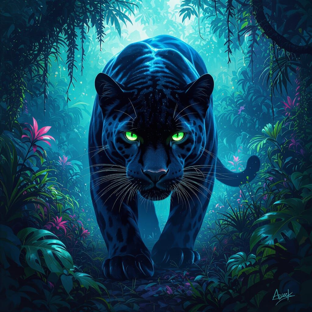 Black Panther in Bioluminescent Jungle: Graffiti Art Style