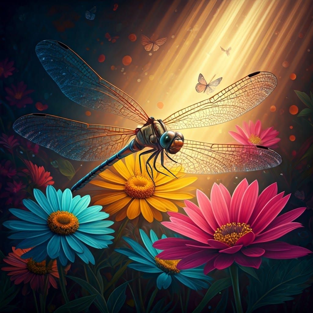 Dragonflies and Butterflies in a Dreamlike Retro Style