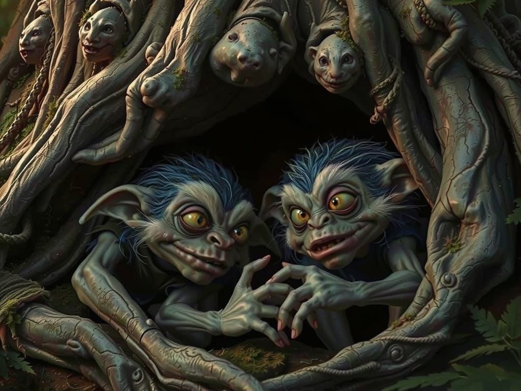 Mischievous Forest Dwellers in Whimsical Fantasy Style
