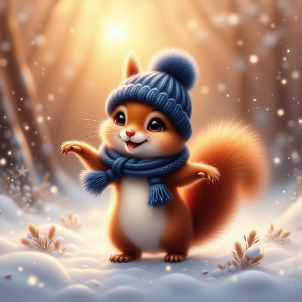 Adorable Red Squirrel in Snowy Sunset Park