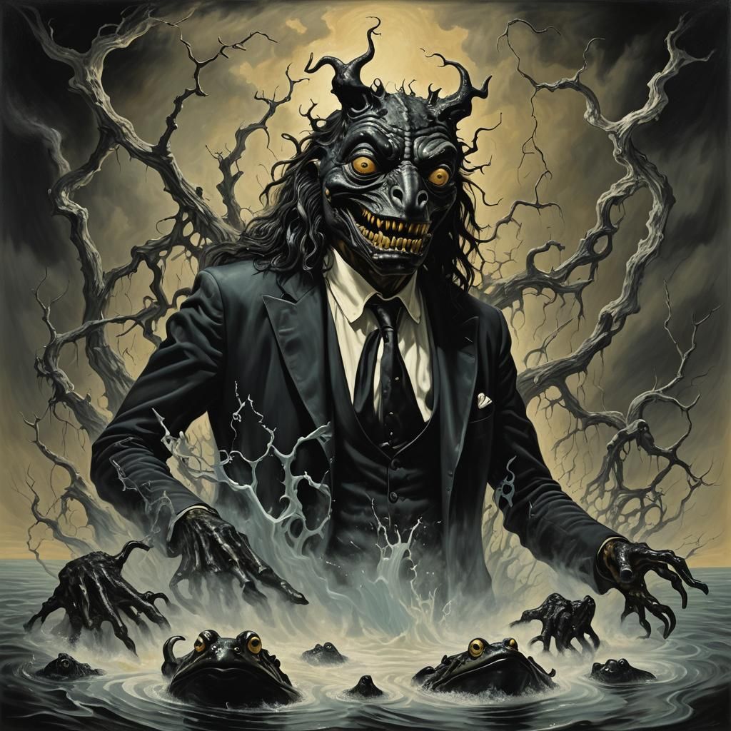 Surreal Frog Wolf Human in Dali-esque Oil Painting