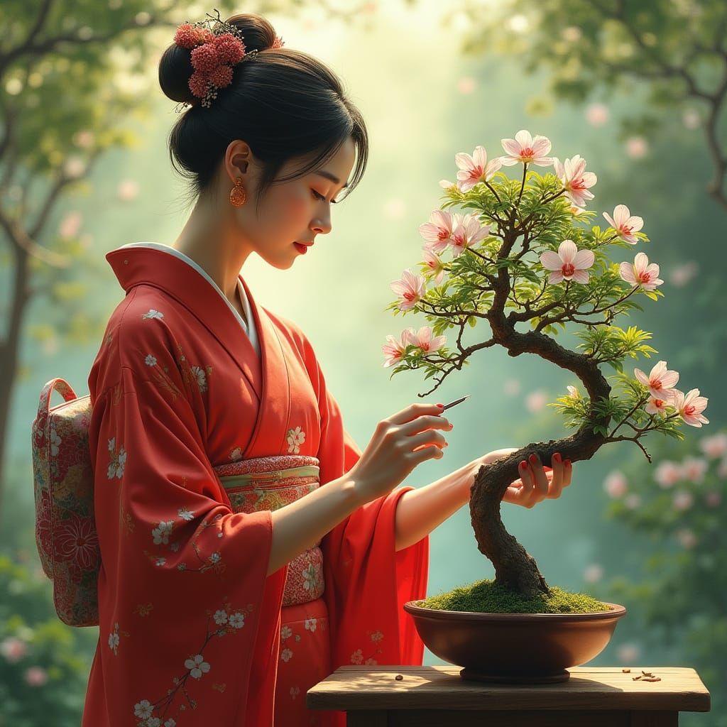 Japanese Lady Studies Bonsai in Lush Garden, Painterly Style