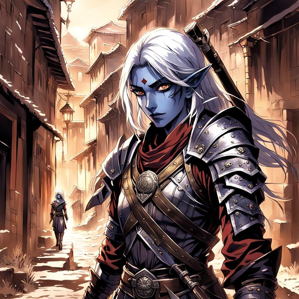 Fierce Drow Warrior in Roman Alleyway, Anime Style