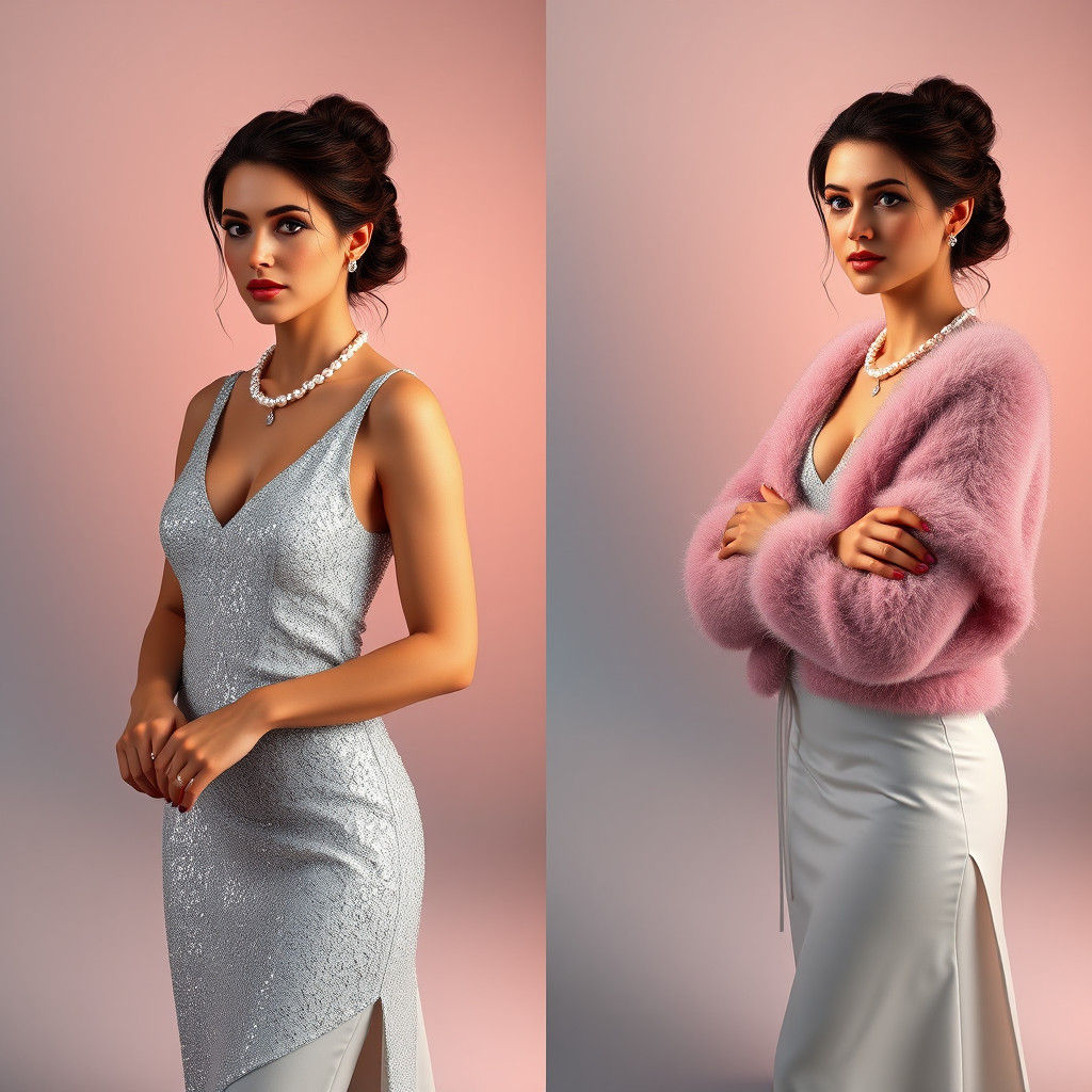 Elegant Brunette in Silver Dress with Cardigan