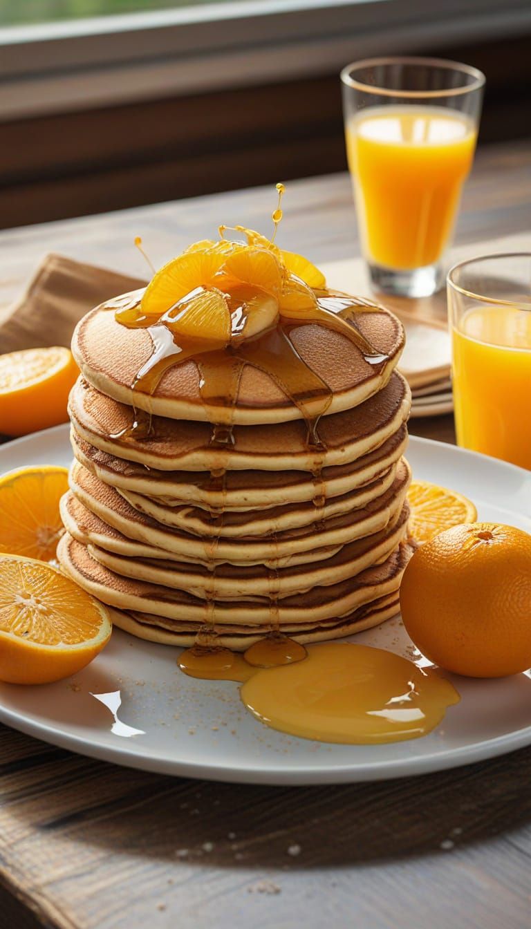 Bright Breakfast Table with Pancakes and Orange Juice