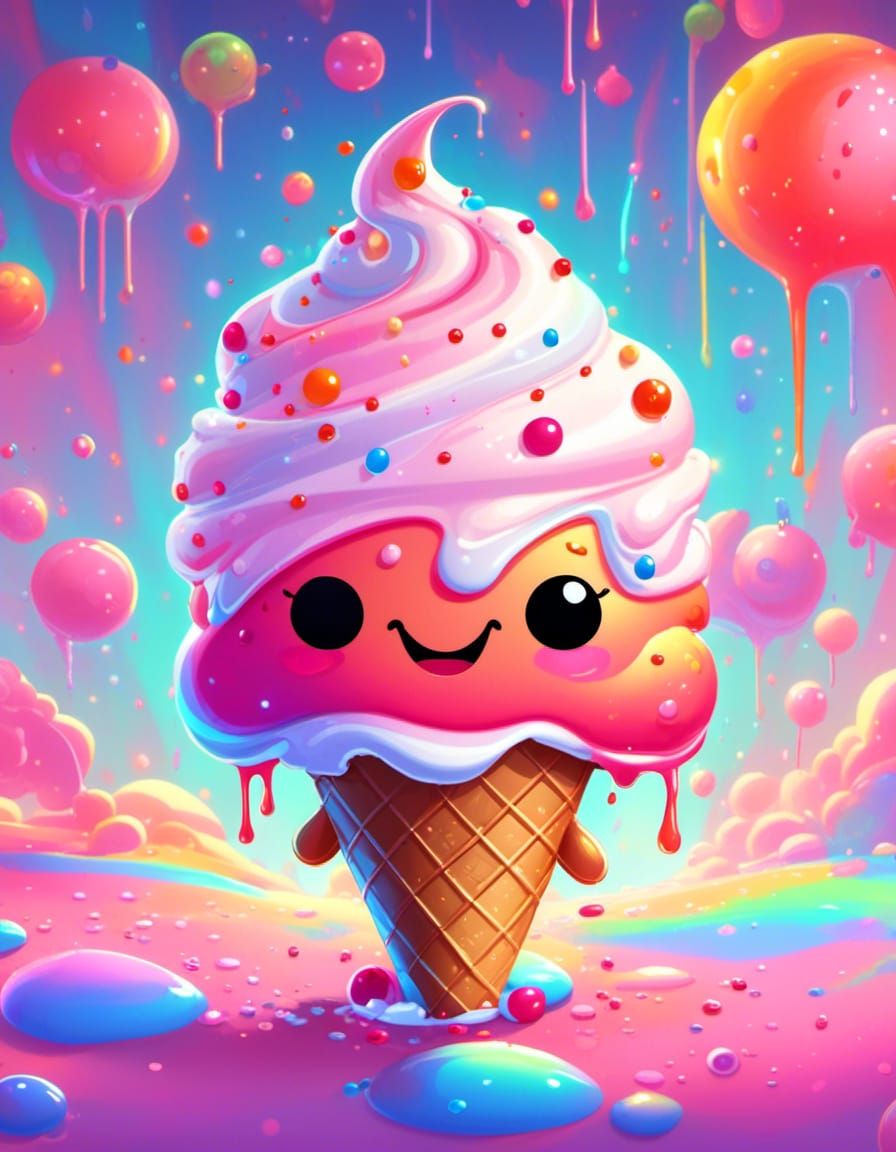 Happy Slime with Ice Cream Hat, Minimalist Art