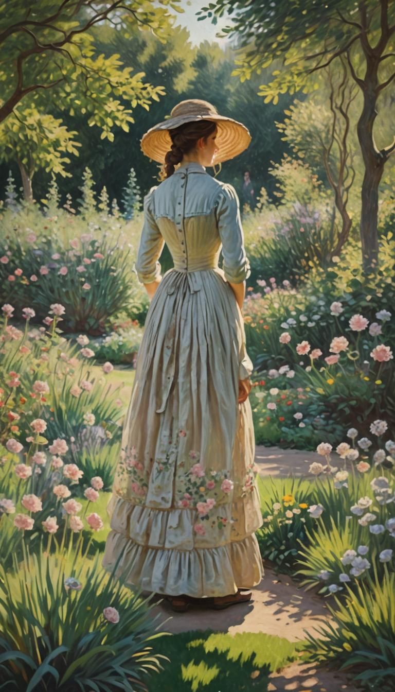 Impressionist Woman in Garden with Soft Pastel Hues