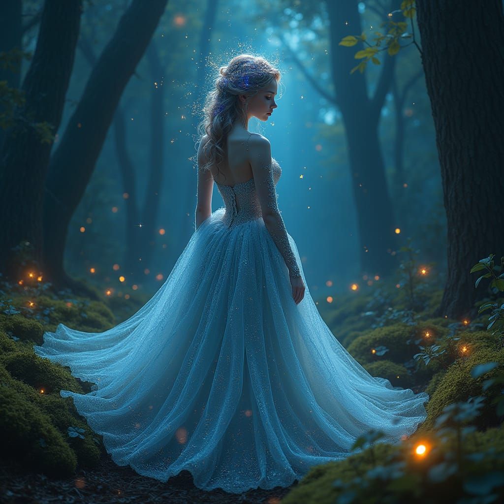 Celestial Woman in Bioluminescent Forest