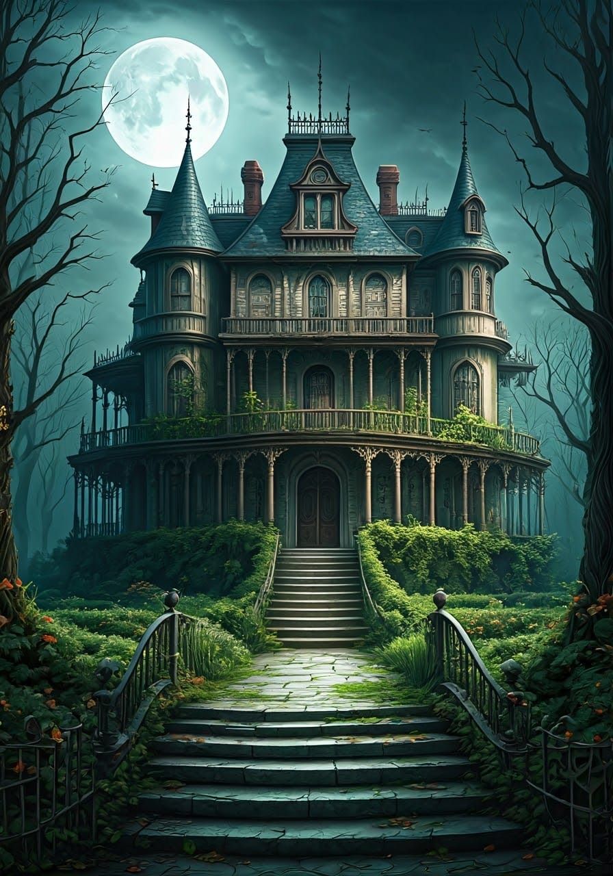 Haunted Mansion in Burtonesque Digital Art Style