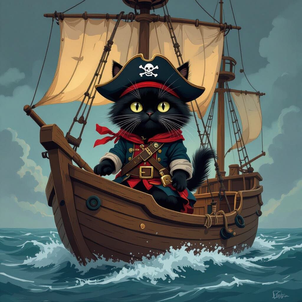 Pirate Cat on a Ship in Whimsical Style