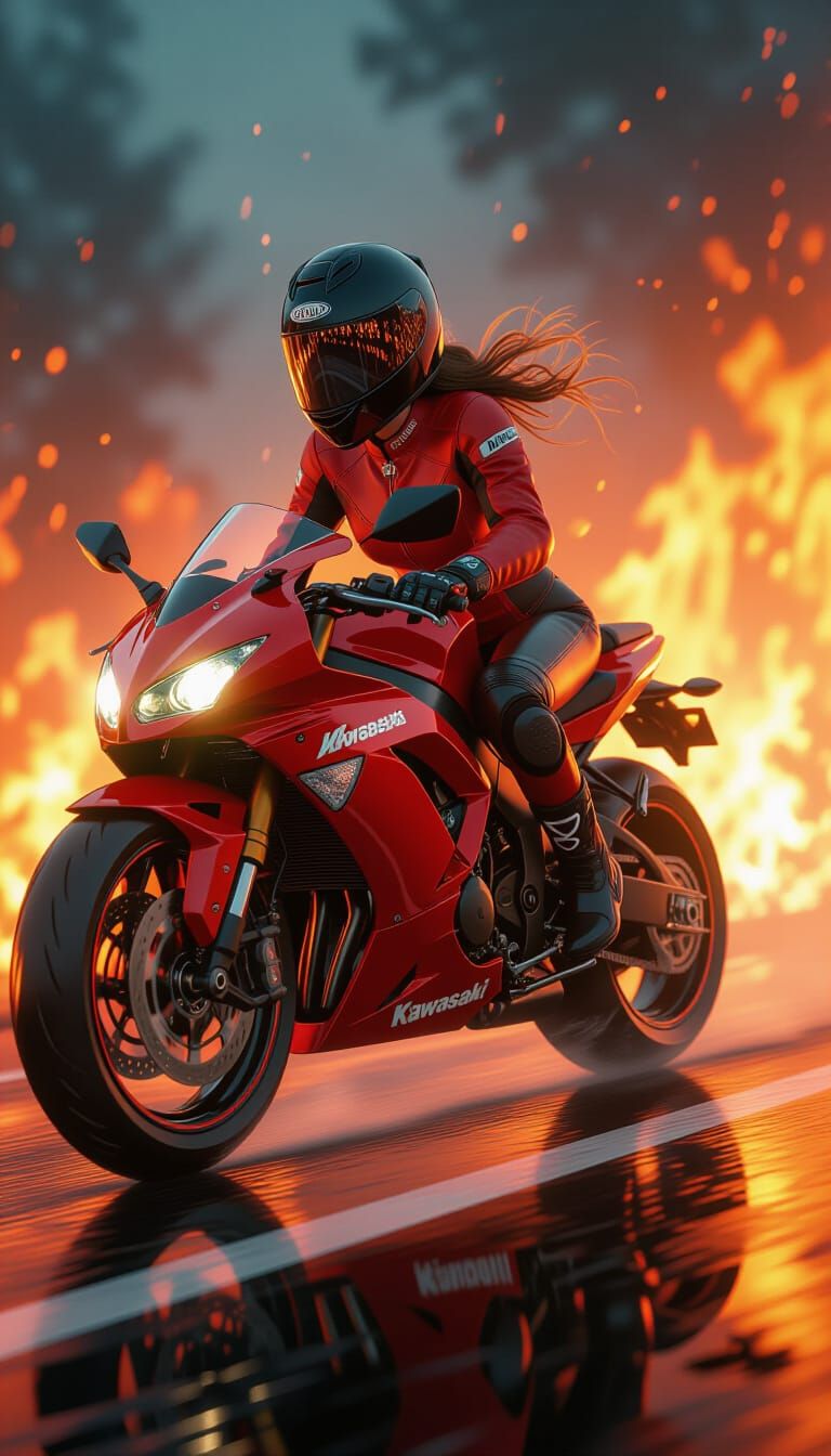 Fiery Motorcycle Ride: Hyper-Realistic 3D Art