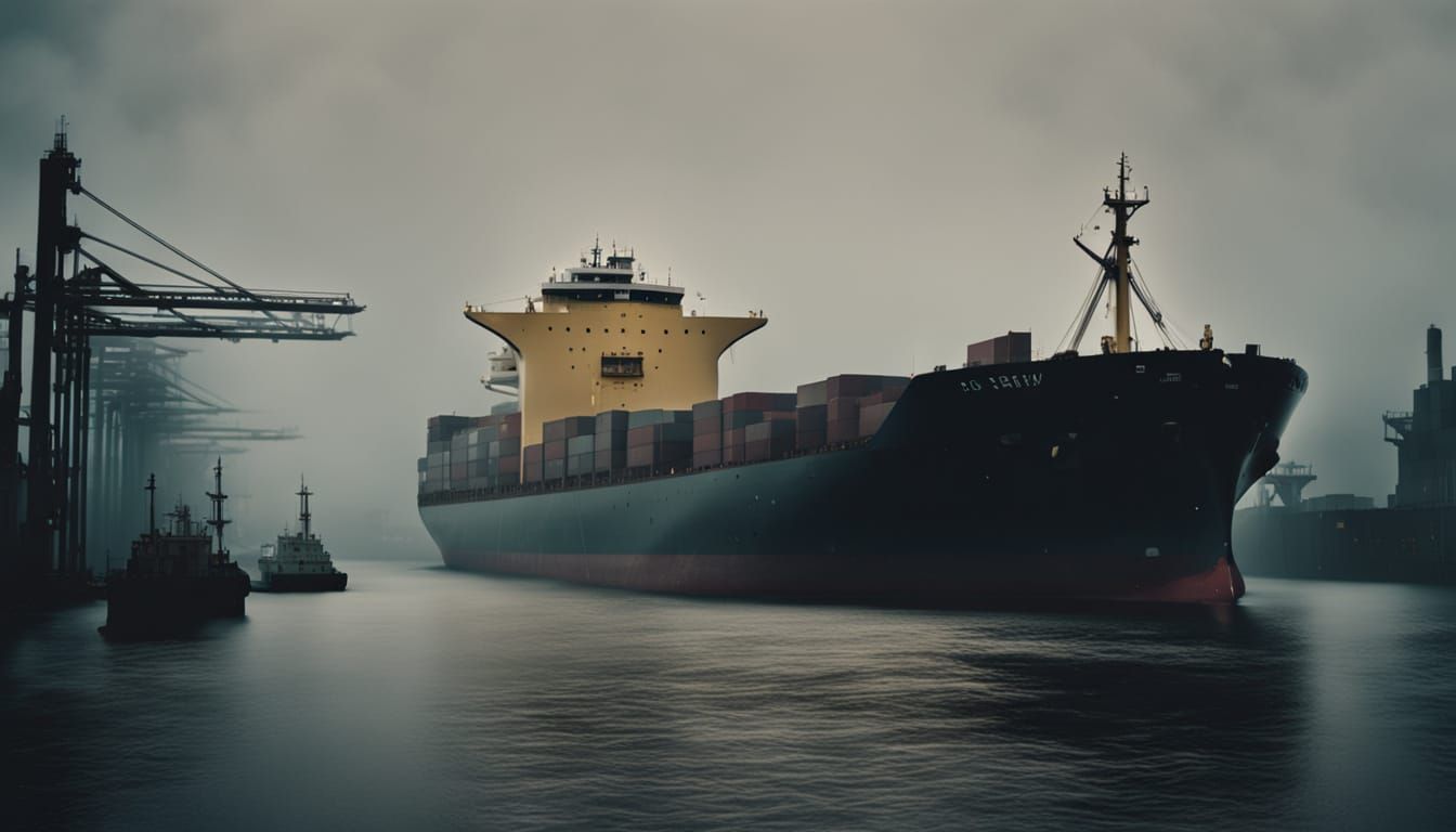 A misty still morning in a smog filled London cyberpunk dock...