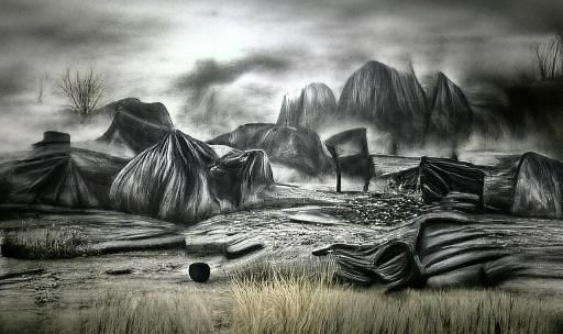 Desolate Landscape in Charcoal Drawing Style