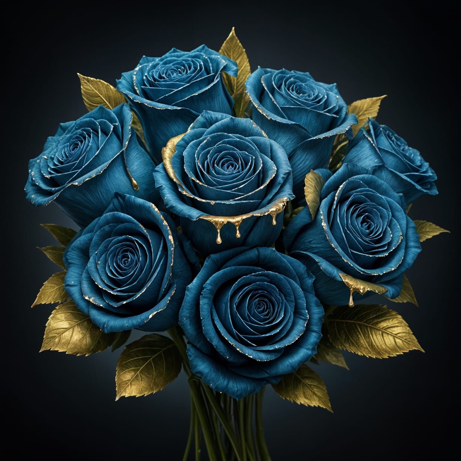 Blue Roses in Golden Petal Luxury