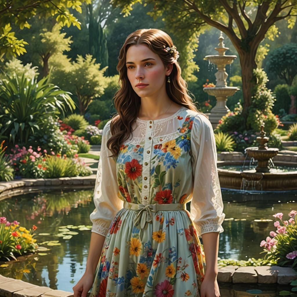 Susanna in Lush Garden: Photorealistic Biblical Scene