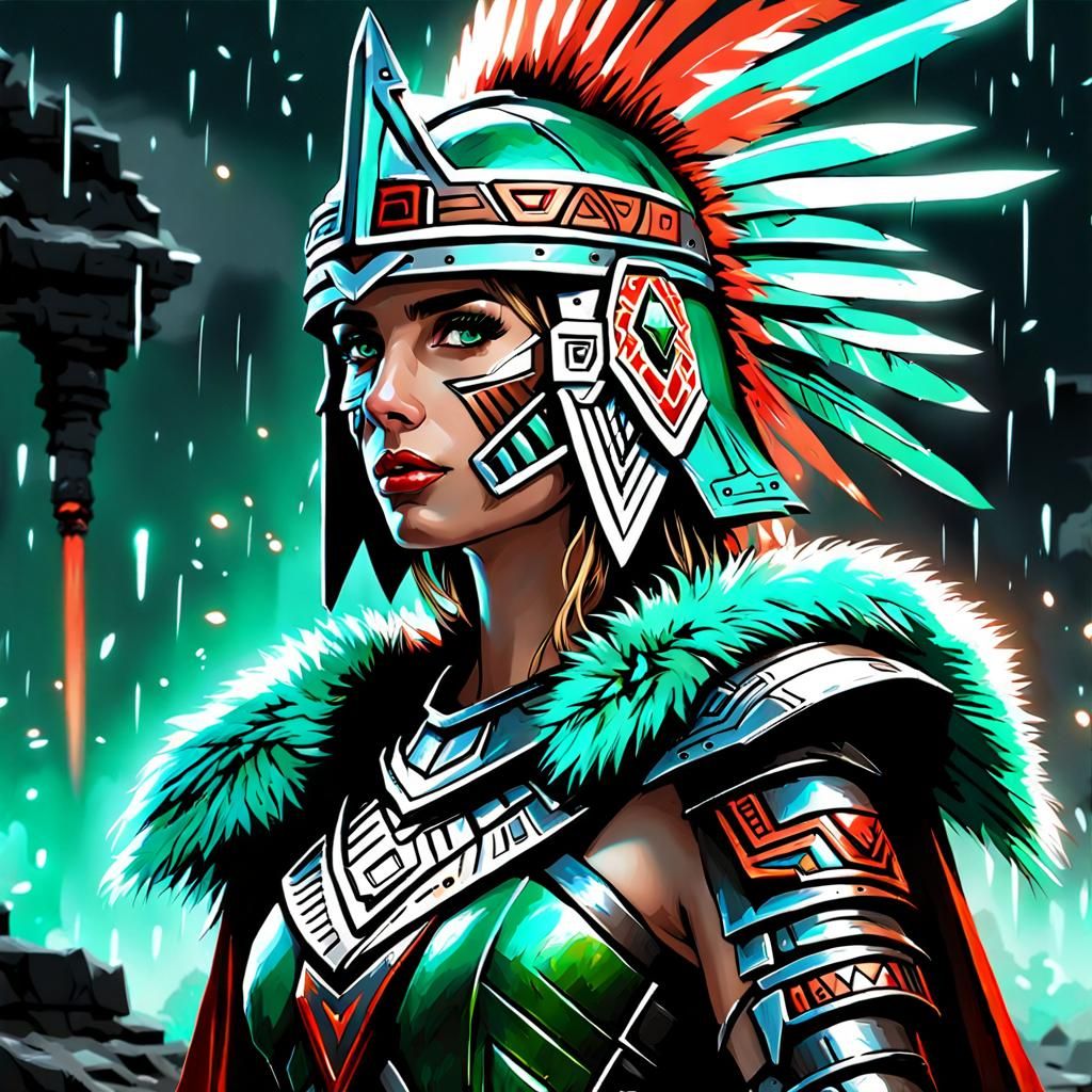 Woman in Cybernetic Armor with Aztec Headdress