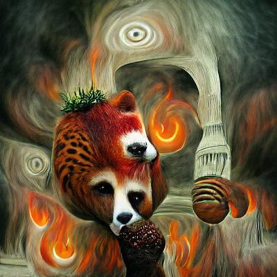 Red Panda Ancient Fire God in Surreal Style