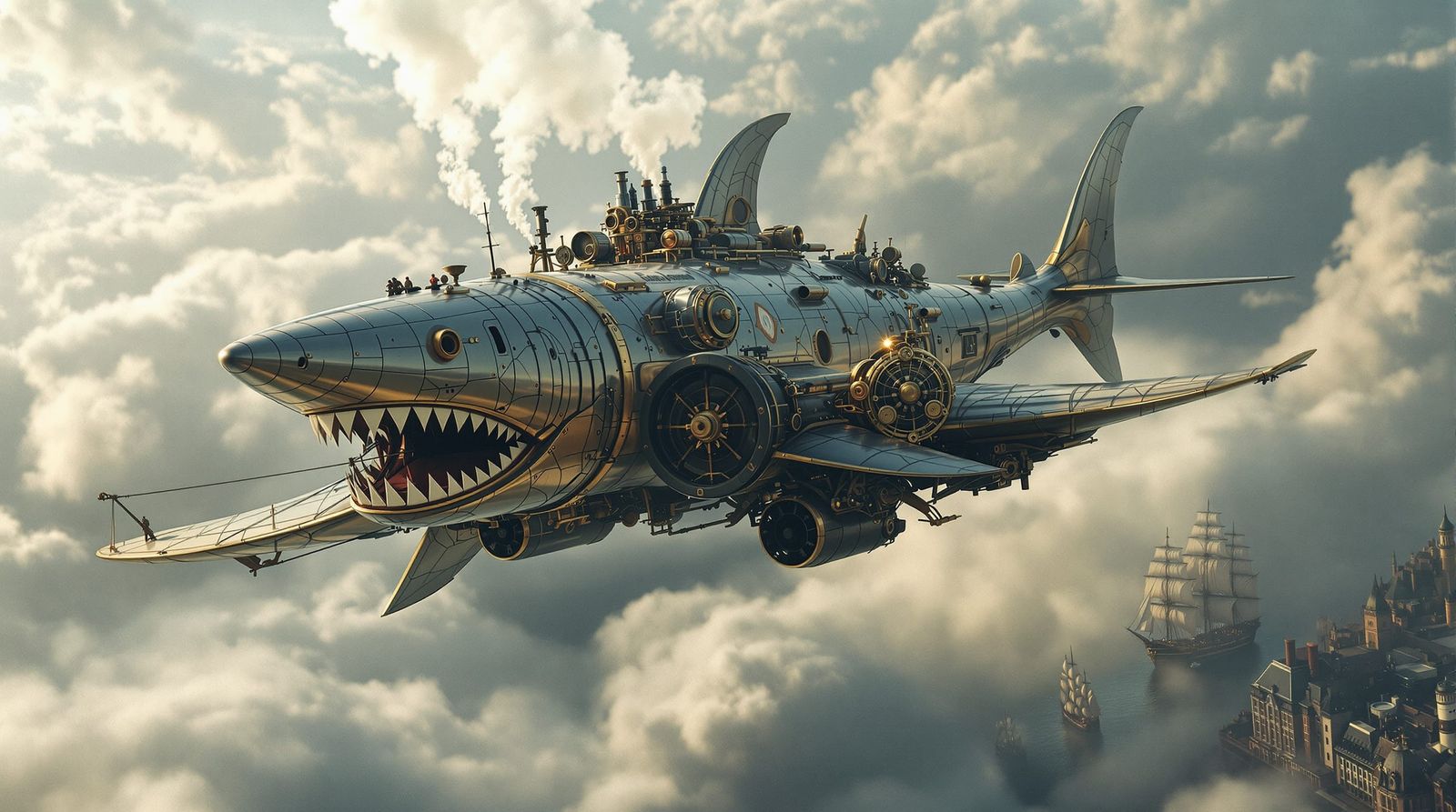 Steampunk Shark Aircraft Soars Over Victorian London