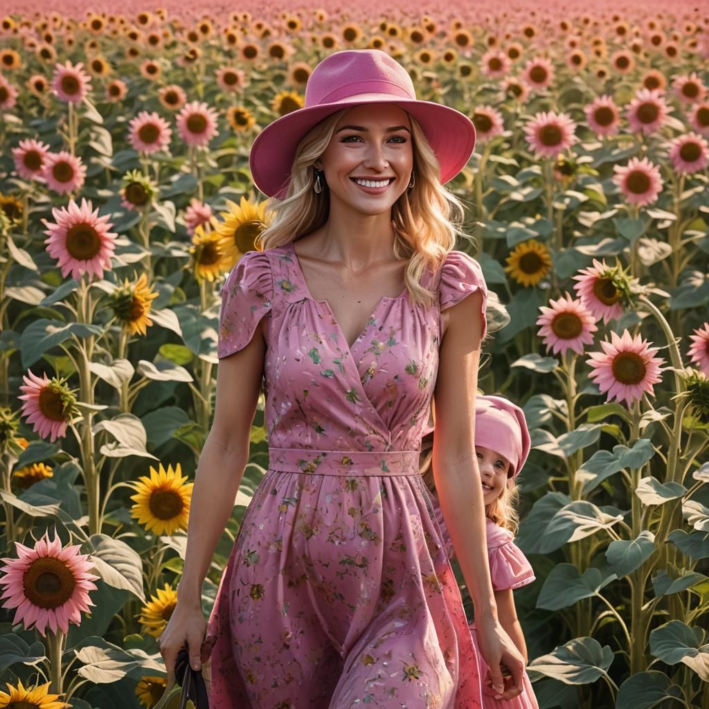 Smiling Woman and Girl in Sunflower Field, Matte Painting