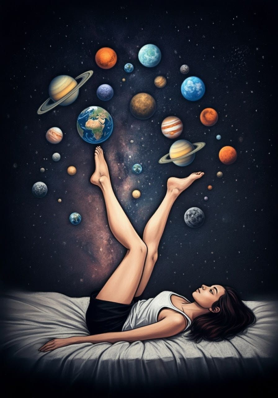 Dreamy Surrealist Scene of Woman in Cosmic Night Sky