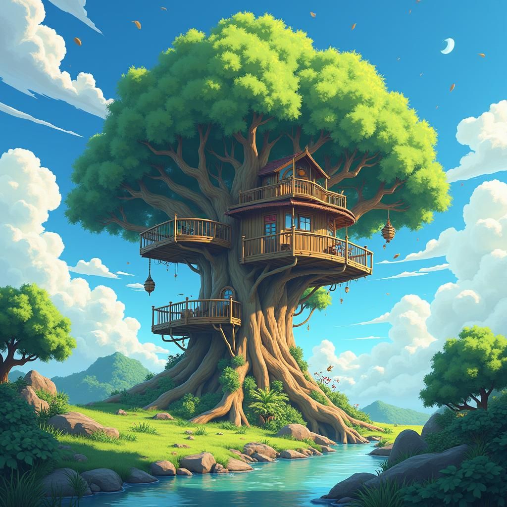 Majestic Living Treehouse in Anime Style
