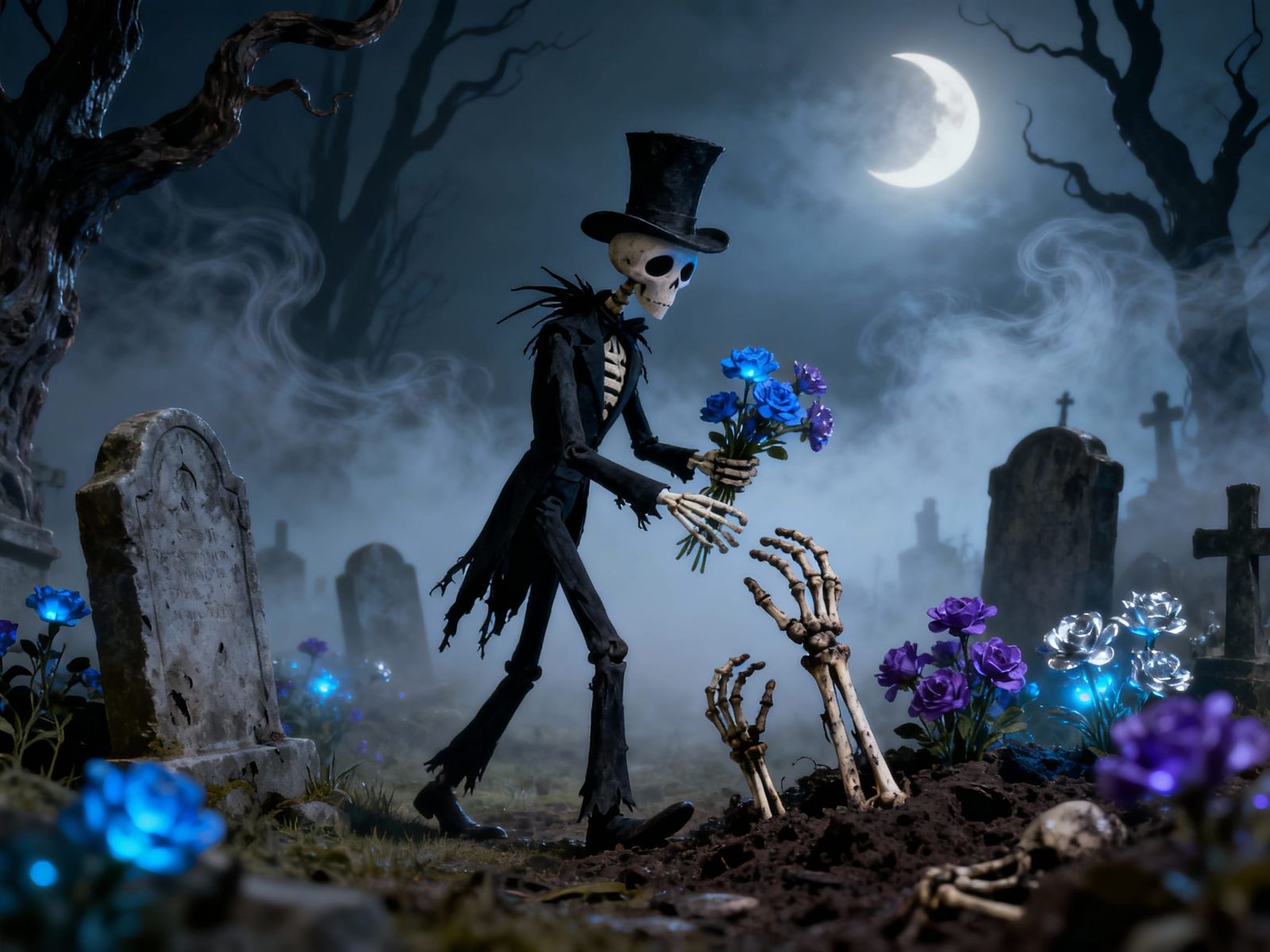 Gothic Whimsical Skeleton in Misty Cemetery, Tim Burton Styl...