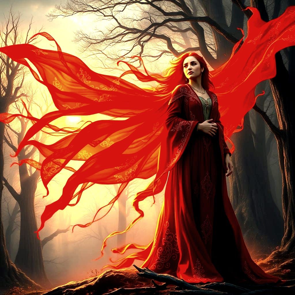 Ethereal Red Priestess in Fantastical Landscape