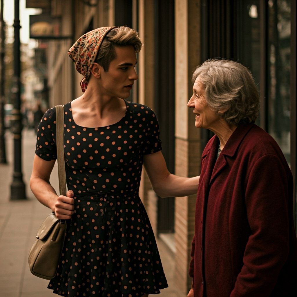 Crossdressing Young Man in Polka Dot Dress on Sidewalk