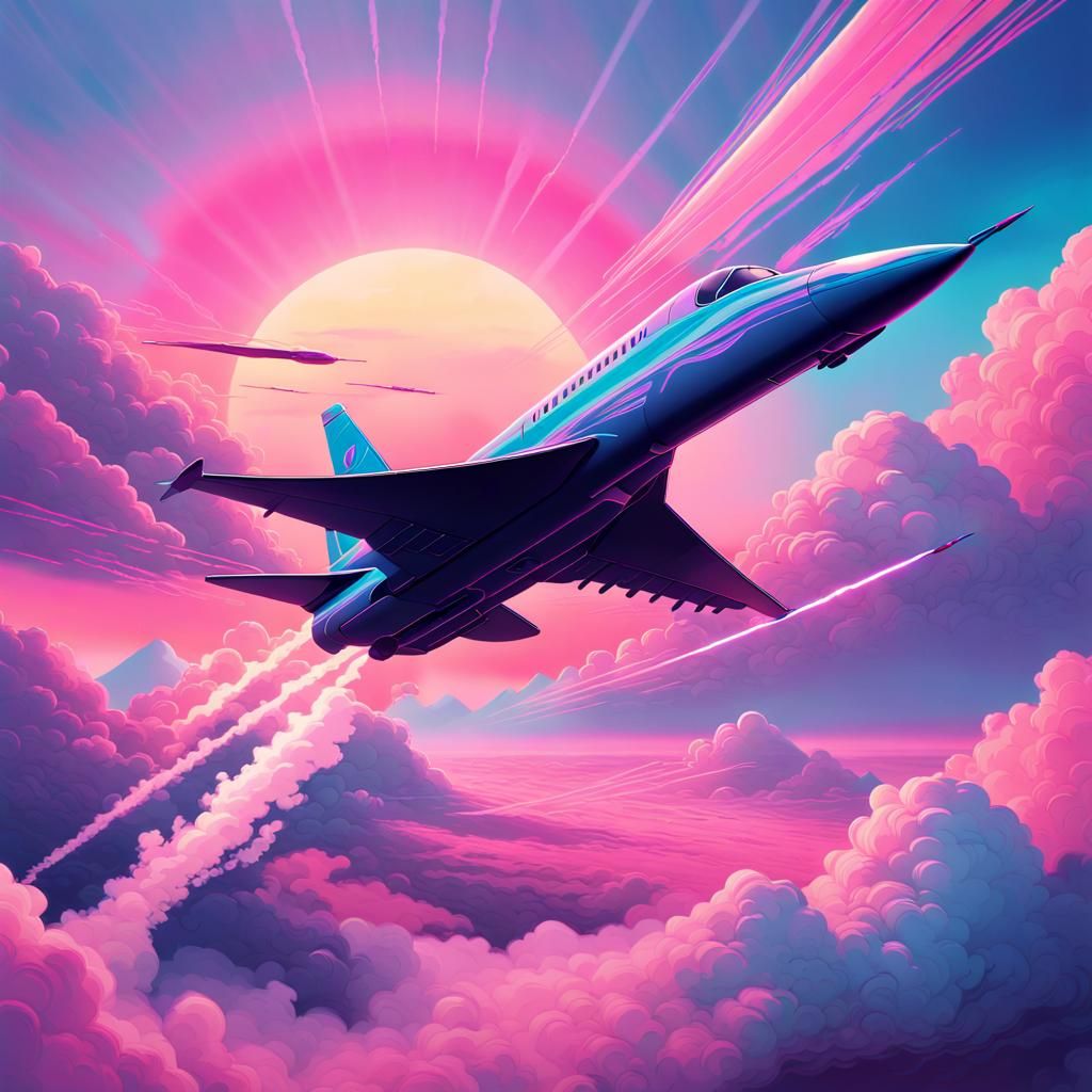 Vaporwave Jet Soaring to the Horizon