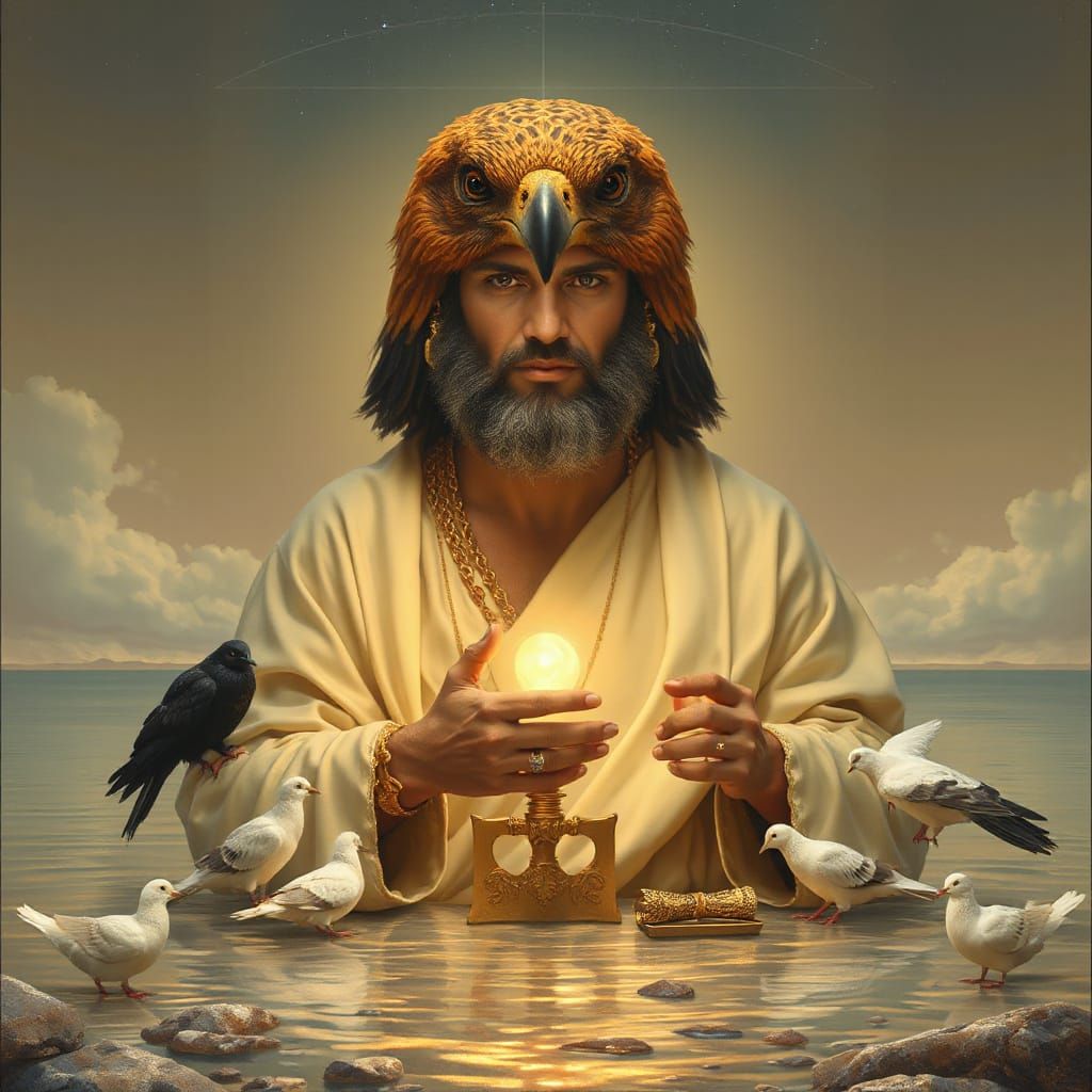 Regal Figure in Golden Eagle Head with Ravens' Eyes, Surroun...