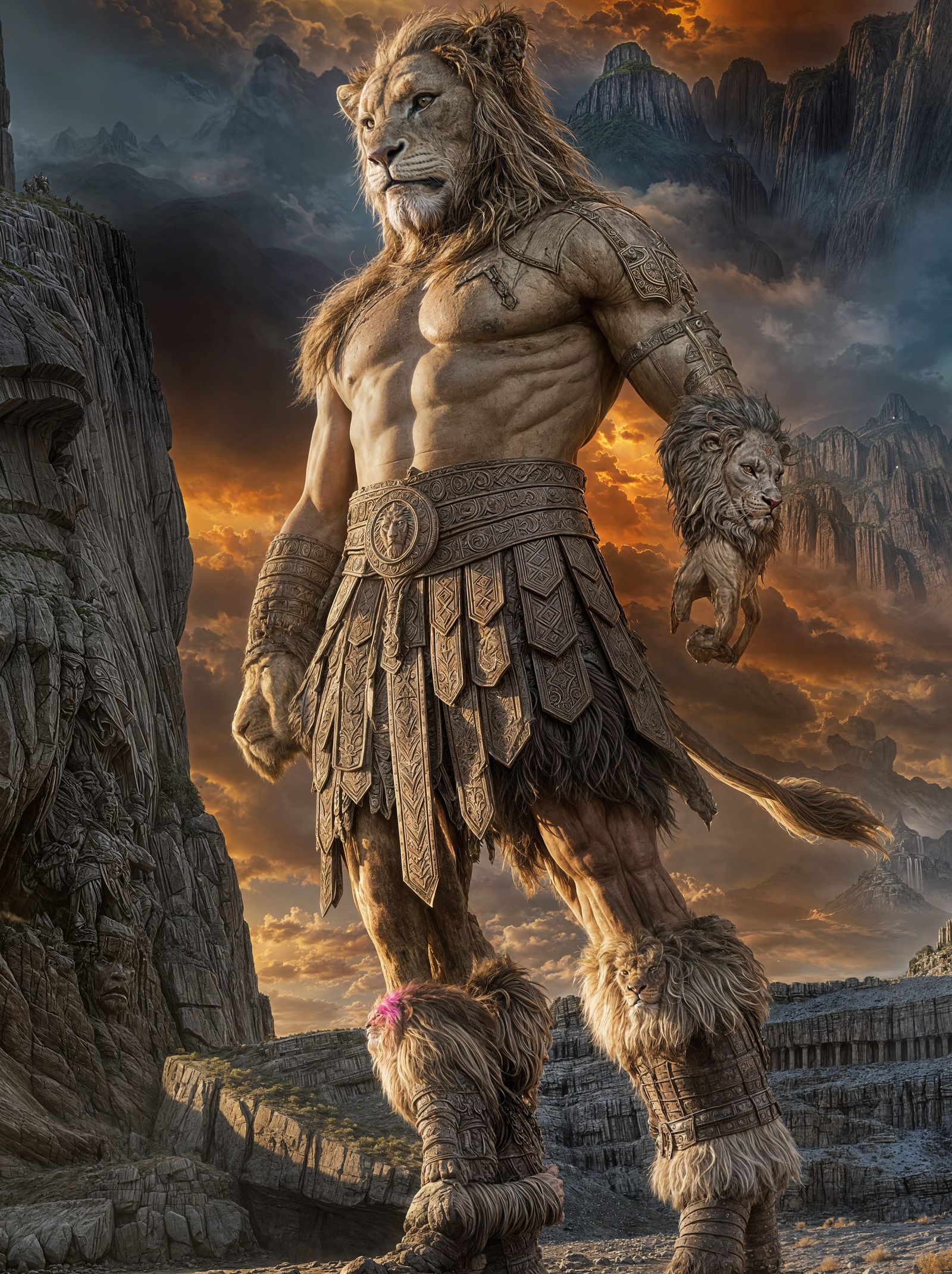 Lionfolk Barbarian Before Ancient Deity Statue