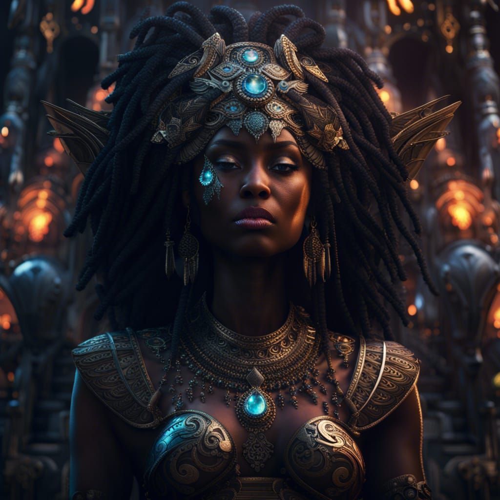 Ebony Spirit Goddess in Maximalist Digital Painting