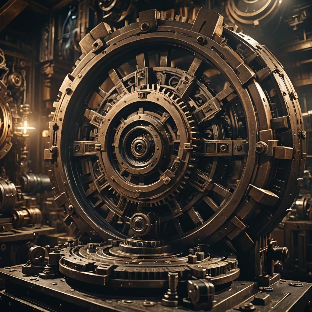 Intricate Gear on Ancient Console: Cinematic Film Still