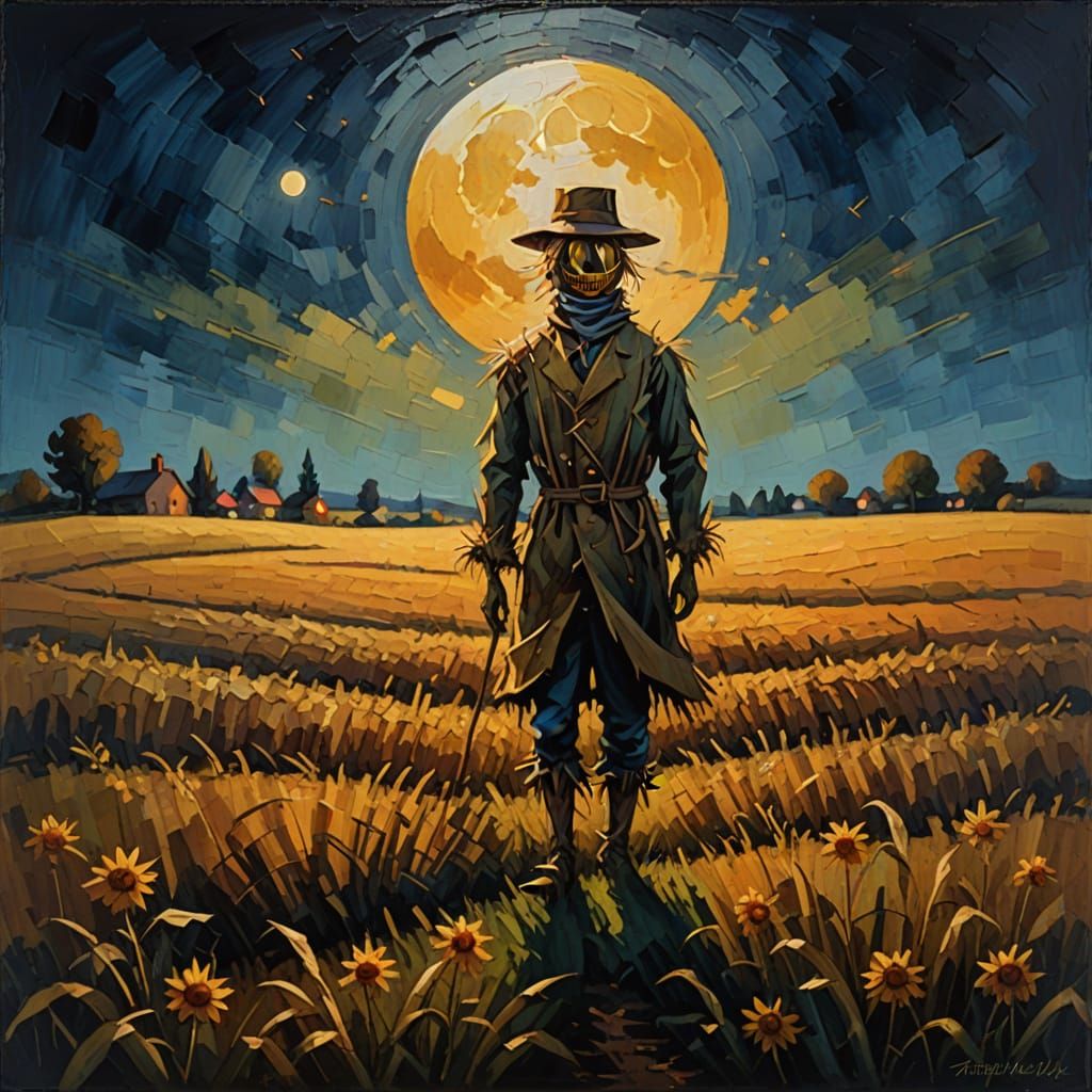 Vibrant Oil Painting of Moonlit Harvest Field with Scarecrow