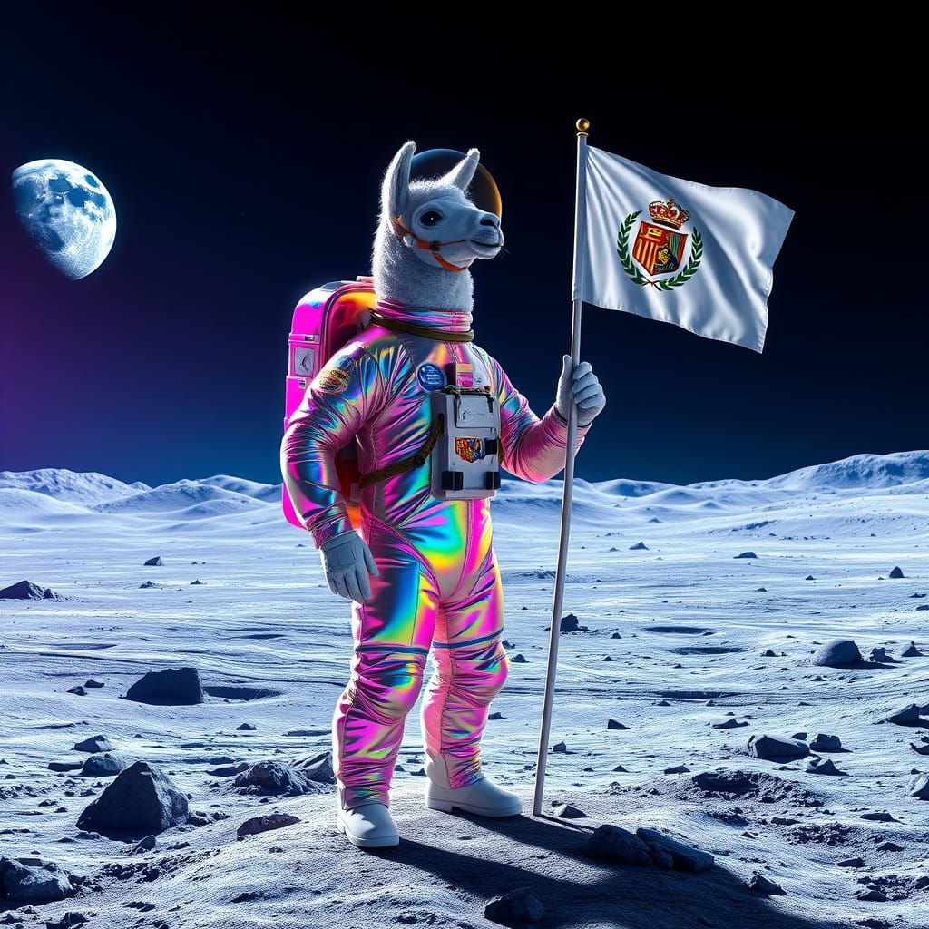 Llama Astronaut Triumphs on the Moon in Cyberpunk Spacesuit