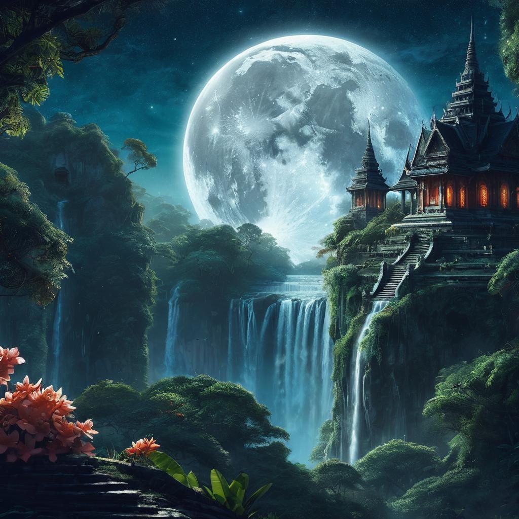 Moonlit Pagoda Ruins Above Jungle Waterfall