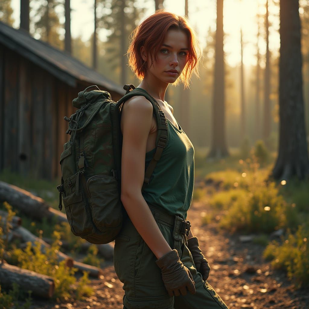 Hyperrealistic Portrait of Woman at Logging Camp