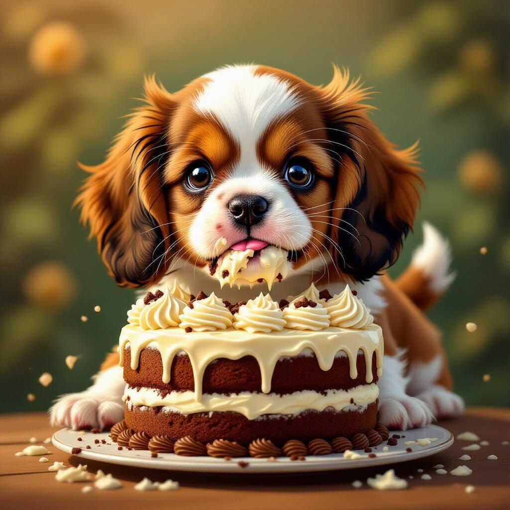 Adorable Cavalier Puppy Eats Cake Covered in Frosting