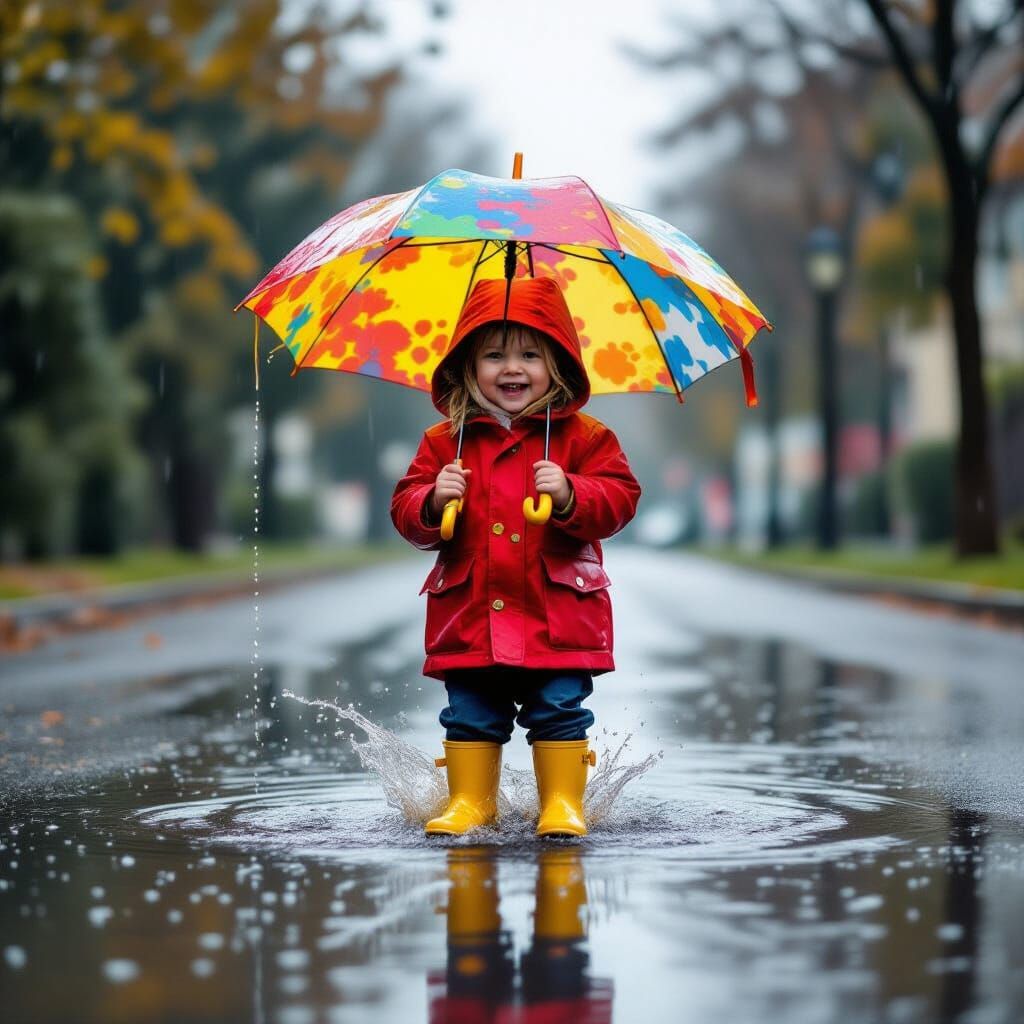 Child Splashing in Puddle with Colorful Umbrella